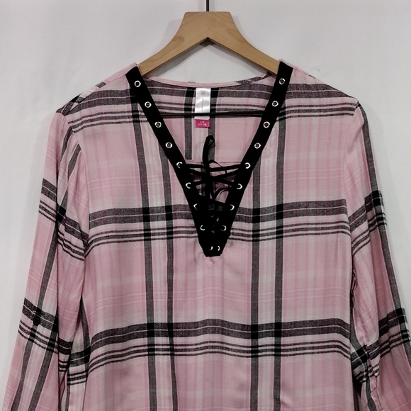 NWT No Boundaries Plaid Boho Top Women's L Pink Black Barbiecore Retro Romantic - Picture 2 of 11